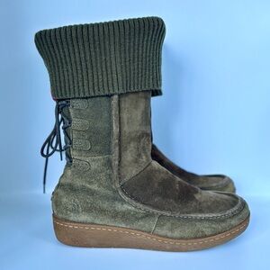 North Face Size 8 Alana Linden Green Suede Boots Primaloft Knit Cuff Zip-up